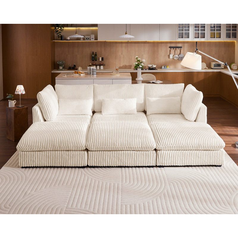 Pet  Friendly Oversized Modular Sofa, 120" Corduroy Wide Seat Sectional with Reversible Chaise, Shaped Couches Modern Comfy Fluffy Cushion Sleeper Sofa Bed with Convertible Ottoman for Living Room 6 Seater