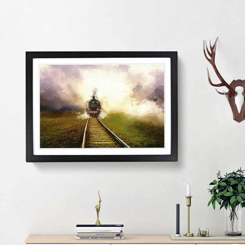 Steam Train upon the Tracks - Picture Frame Painting Print, 48cm H x 65cm W x 2cm D, Black Framed