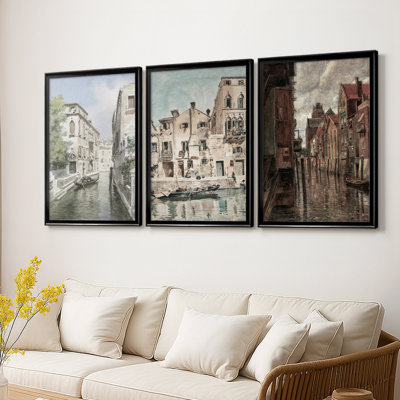 Vintage Landscape CLVII  -Custom Framed  Wrapped Gallery Canvas - 3 Pieces