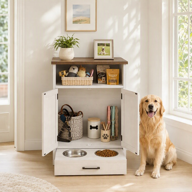 Bols surélevés pour chien avec armoire de rangement, 3 crochets latéraux et tiroir coulissant, Blanc