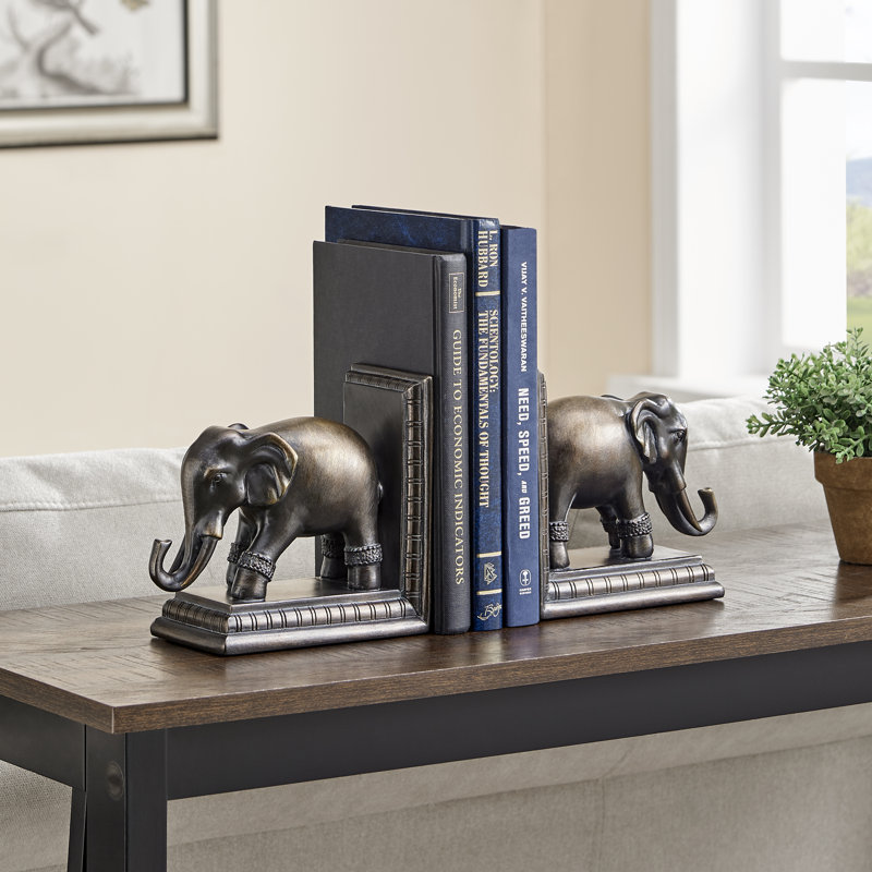 Bronze Patina Elephant Bookends Set with Ornate Design