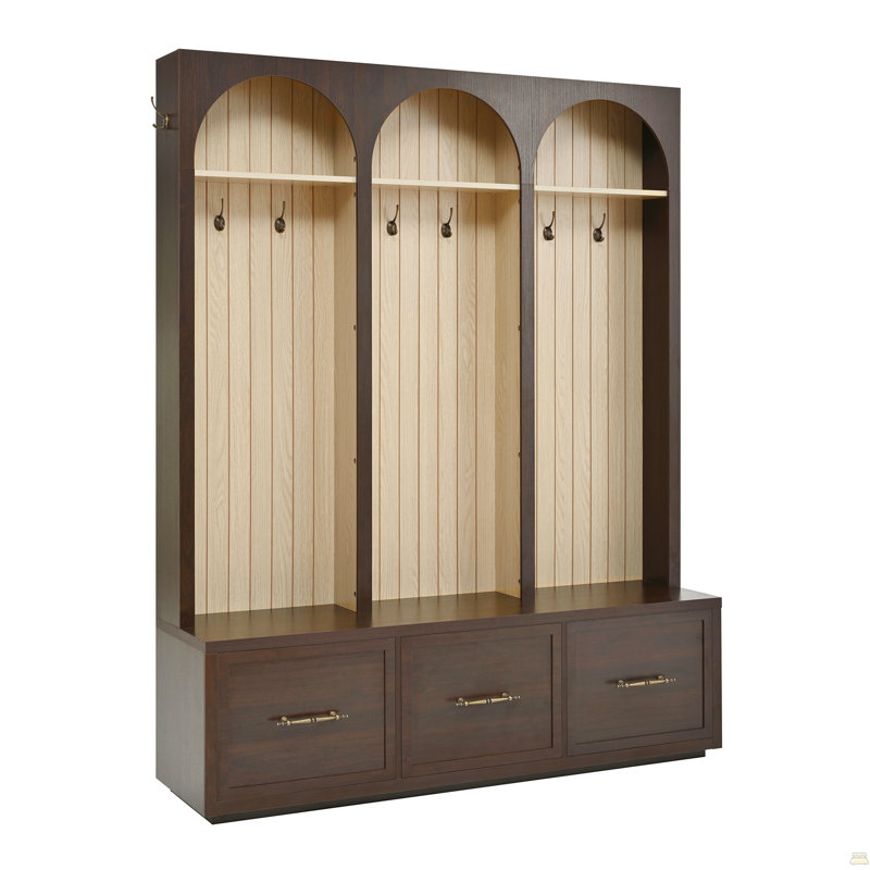 Farmhouse Wooden Style Hall Tree with Arched Design, Elegant Entryway Bench with Retro Hooks, Rustic Coat Rack & Shoe Organizer with Drawers