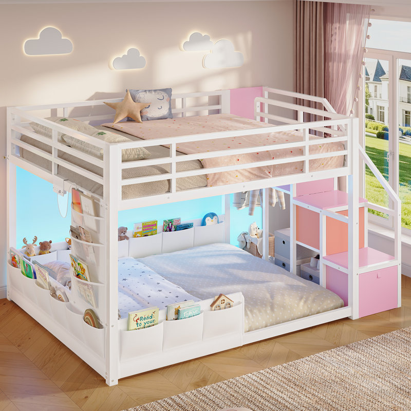 Lit superposé pour enfant avec lumières DEL et station de charge, 22 tiroirs de rangement latéraux 3 tiroirs, Rose