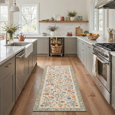 Verona Floral Machine Washable Green / Beige Indoor Area Rug with Non-Slip Backing