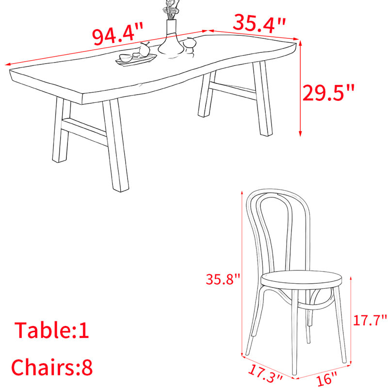 Japanese style solid wood dining table set, 29.5"H x 94.4"L x 35.4"W