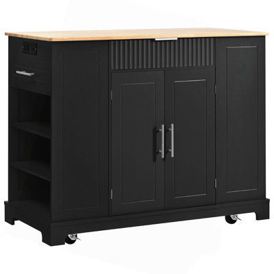 Fluted Kitchen Island With Trash Can Storage Cabinet, Power Outlet, Internal Storage Rack, Rolling Kitchen Islands On 5 Wheels With 3 Drawer, 3 Open Side Racks For 10 Gallon Garbage Bin