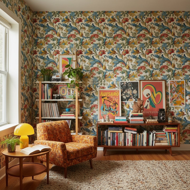 Papier peint floral damassé mur rétro