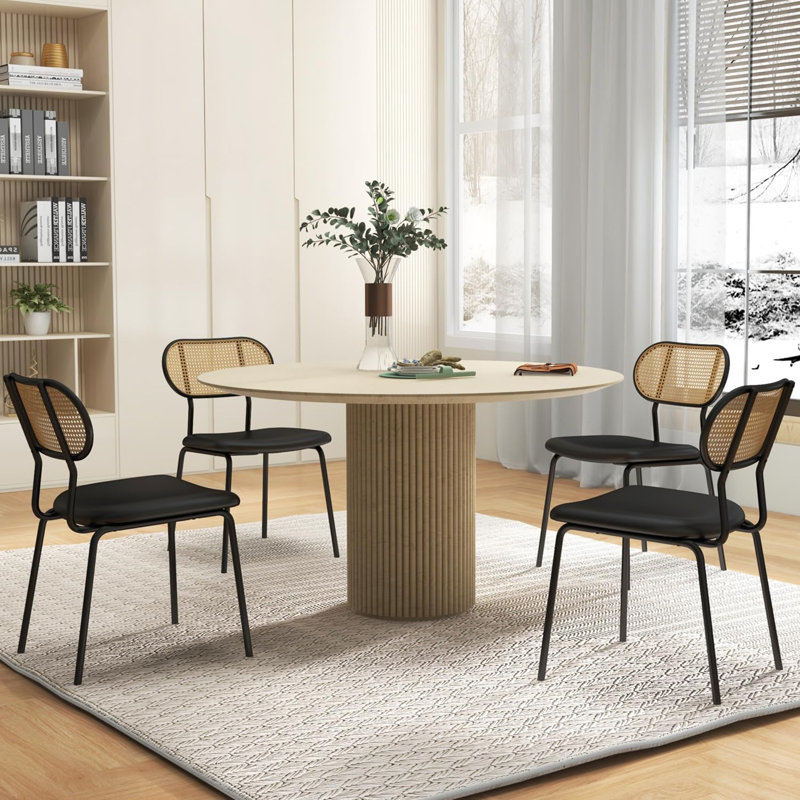 Black Faux Leather and Rattan Dining Chairs Set of 4