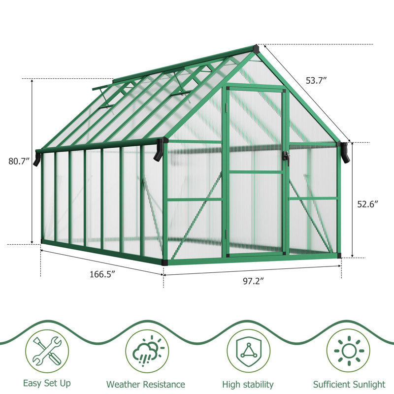 8x14 FT Polycarbonate Greenhouse, Heavy Duty Aluminum Frame with Lockable Push Door, Roof Vent & Ground Stakes, Walk-In Grow Tent for Backyard Garden - Green