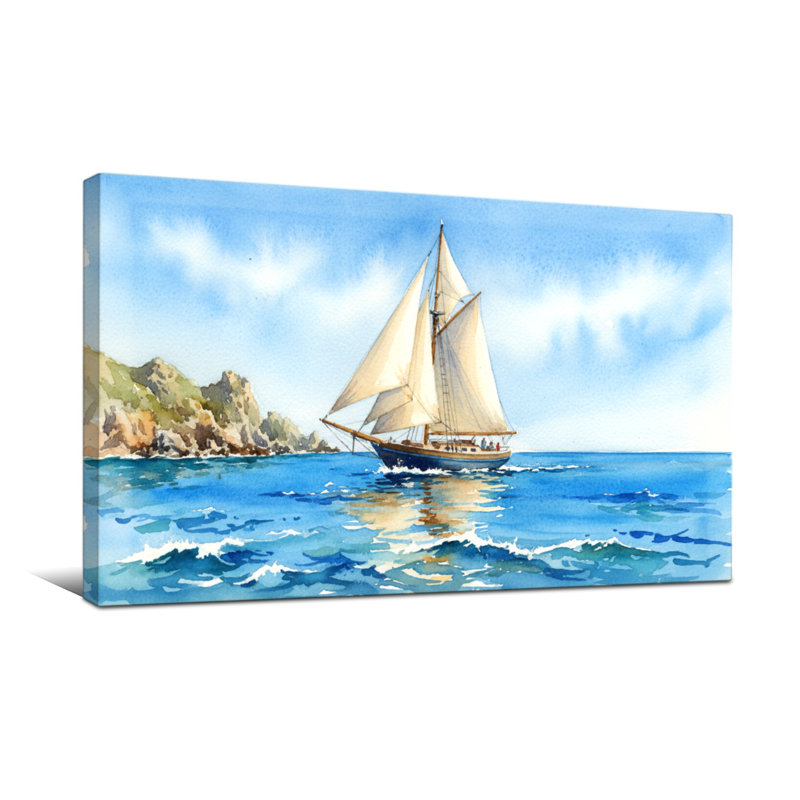Nautique et plage, bateau à voile sur les eaux calmes de l'océan avec la côte rocheuse, H 28 po x l 58 po