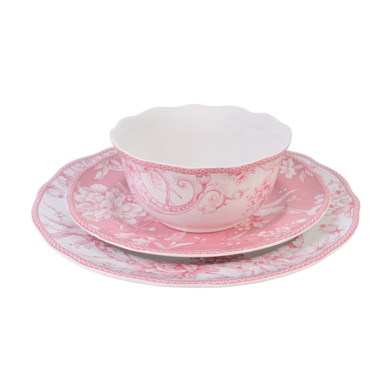 222 Fifth Adelaide Blush 12-Piece Porcelain Dinnerware Set - Service For 4, Plate & Bowl Set, Pink