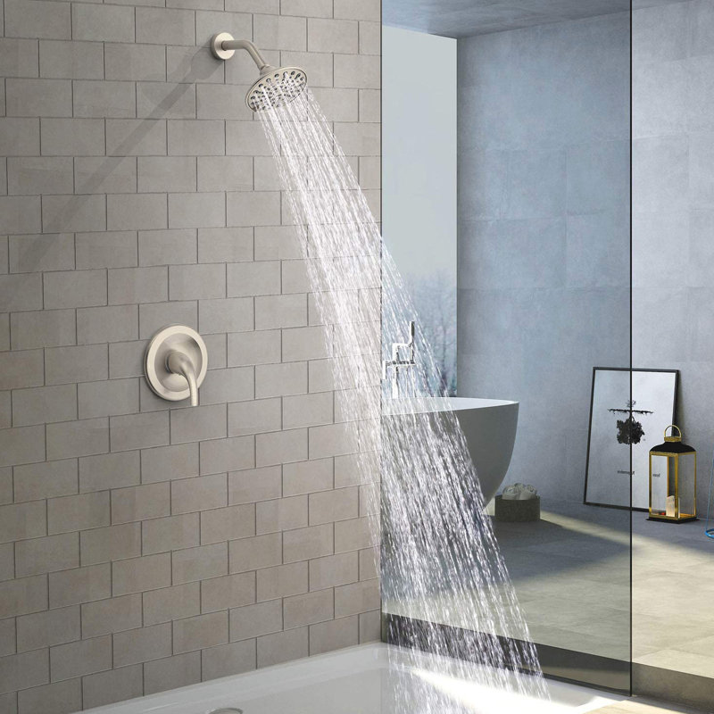 Wall - Mounted Single Handle 6 Spray Pattern Shower Head With Included Valve And Arm, 360 Adjustable Joint On Head, Holes For Easy Maintenance, Brushed Nickel Plastic Design Faucet , Joint, Finish