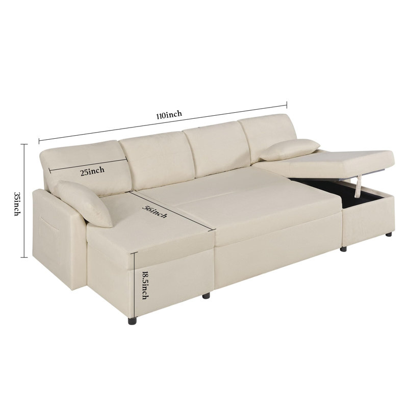110-Inch Beige Chenille Sectional Sleeper Sofa with Storage Chaise