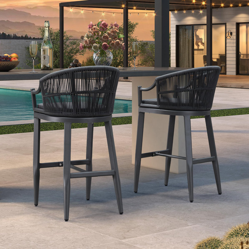 Tabourets de bar hauts modernes en métal pour patio, avec dossier et accoudoirs ergonomiques, Gris, Gris foncé