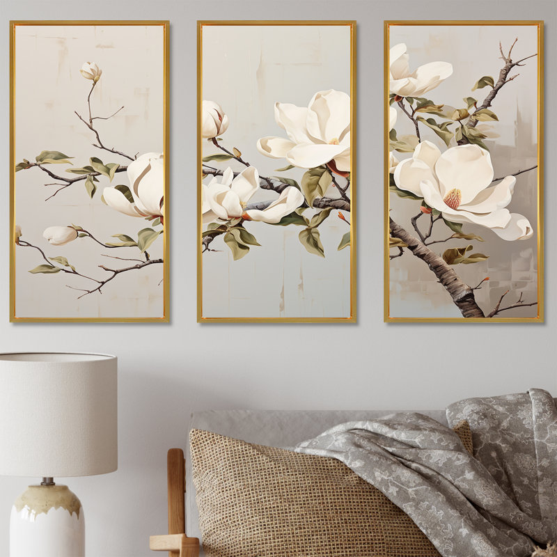 «Magnolias beige et vert», ensemble d'art mural Magnolias, Cadre flottant doré, H 32 po x l 48 po x P 1 po