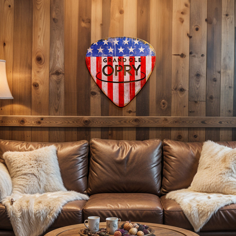 Grand Ole Opry American Flag Guitar Pick Shaped Laser Cut Metal Wall Sign Plaque