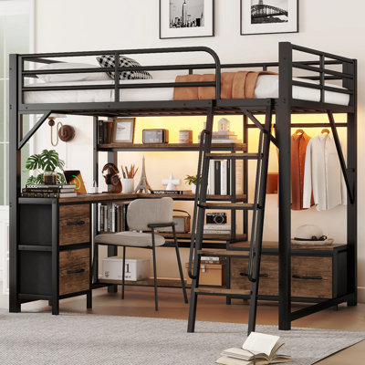 Lit mezzanine double avec bureau et lumière, lit mezzanine en métal avec tablettes de rangement, garde-robe et tiroirs pour garçons