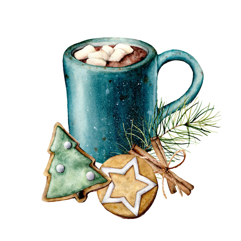 Tasse de cacao, guimauve, biscuits et bâtons de cannelle - impression sur toile tendue, H 36 po x l 36 po