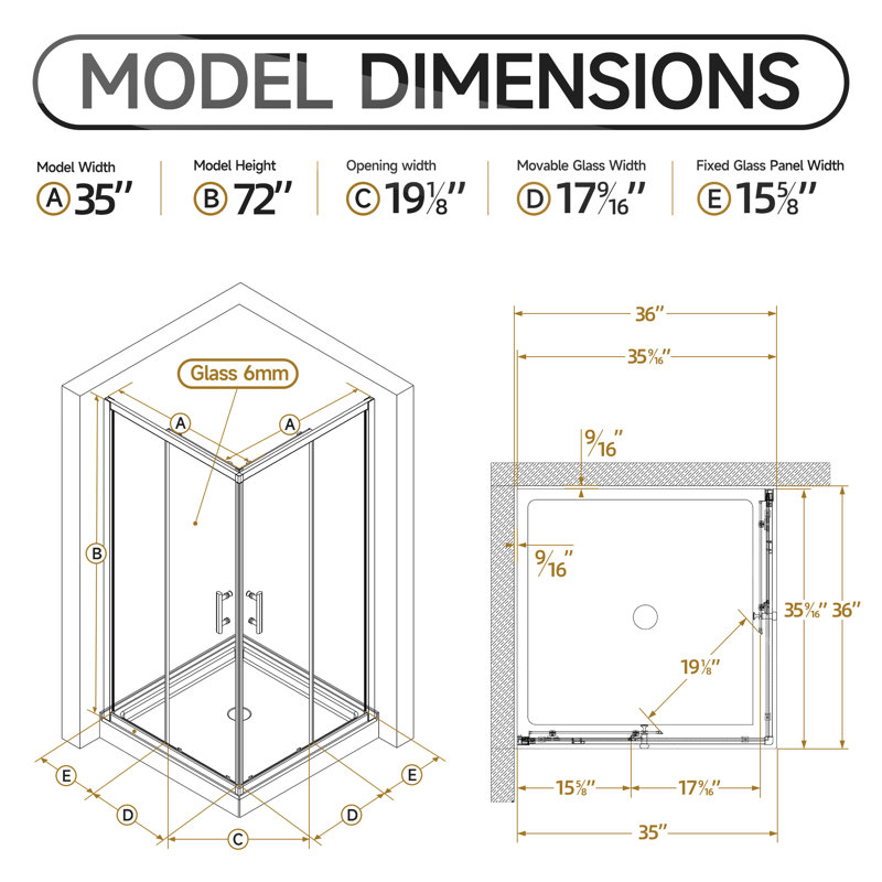  Cabine de douche d'angle 36 po x 36 po x 72 po avec portes coulissantes doubles, verre trempé de 1/4 po avec film de sécurité, largeur réglable et chrome imperméable