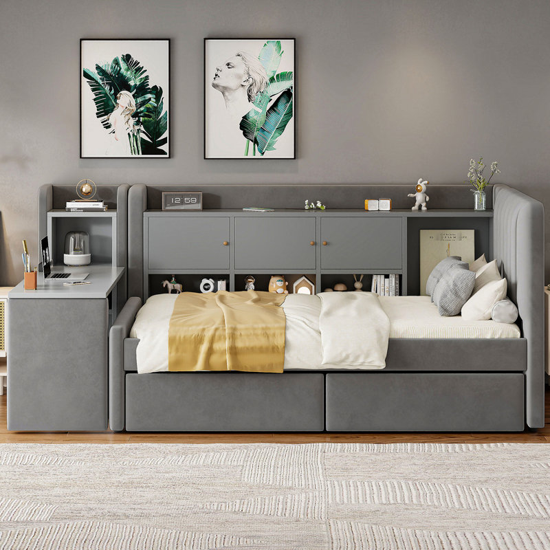 Beige Upholstered Twin Size Daybed With Under - Bed Drawers, Shelves, Flip Top Cabinets And Side Table All In One For Small Apartments, Versatile Storage Ideal Space Saving Design