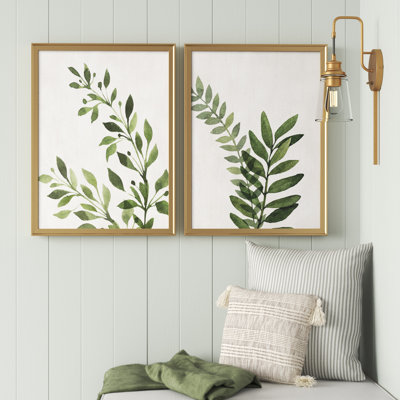 Botanical Wash I - Fern And Leaf Sprigs Wall Art, Matted and Framed Under Acrylic Glass, Set of 2, Living Room and Dining Room Wall Art