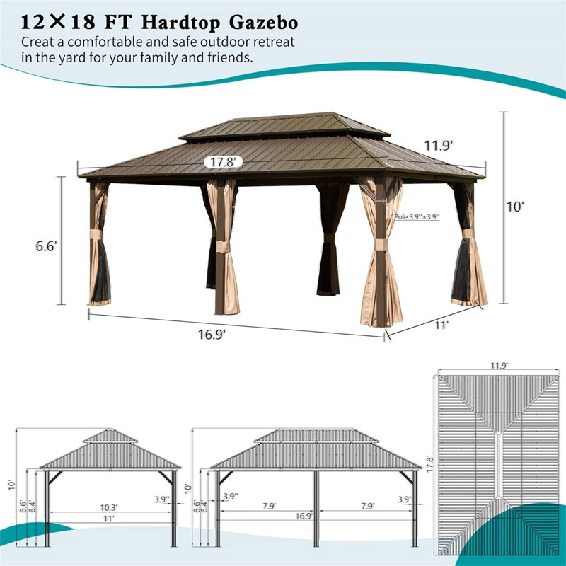 Brown Aluminum Hardtop Gazebo with Galvanized Steel Roof and Curtains