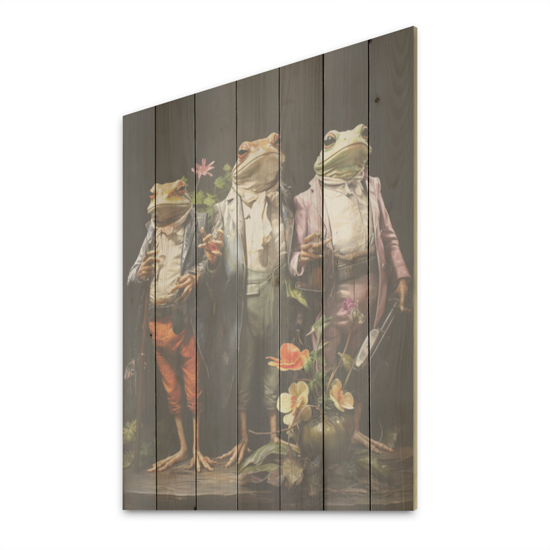 Dressed Frog Ballet - grenouilles et crapauds, art mural sur bois de pin naturel, H 40 po x l 30 po