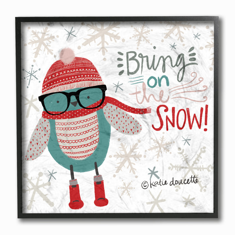 Reproduction d’art sur toile, "Bring on the Snow" par hipster Penguin, H 12 po x l 12 po, Giclée encadrée noir minuit