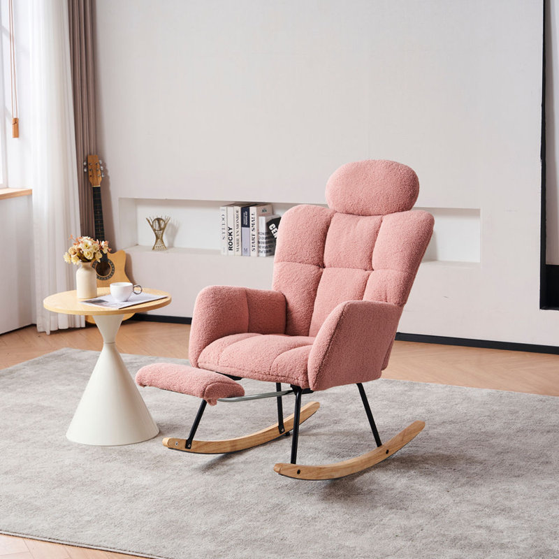 Chaise berçante rembourrée en tissu avec coussin et repose-pieds Teddy, Rose