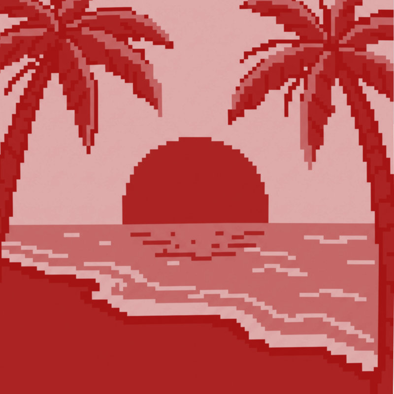 Couette en pixel art avec palmiers, Simple extra long, Rouge foncé moyen / or rose