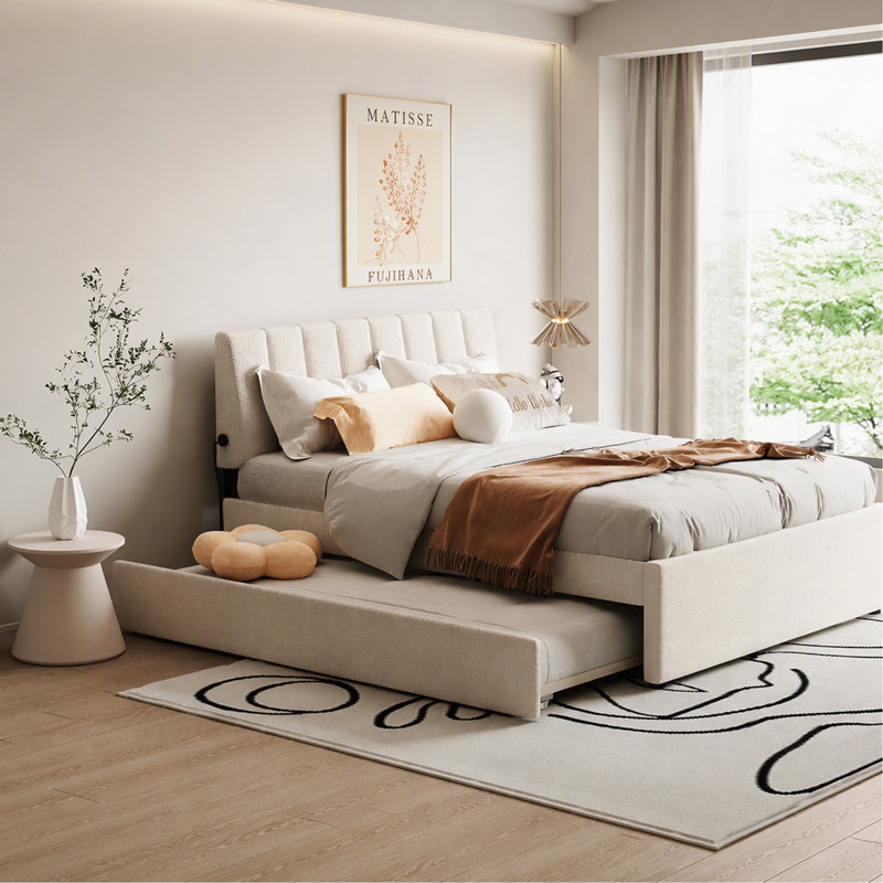 Lit plateforme tapissier double Teddy, Beige