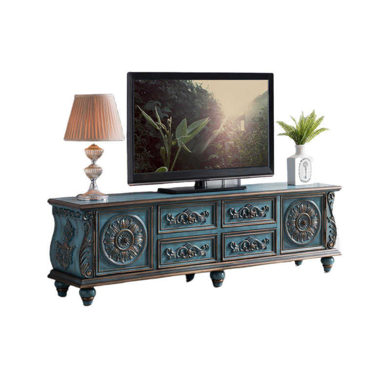 Meuble télé vintage en bois massif sculpté, Bleu