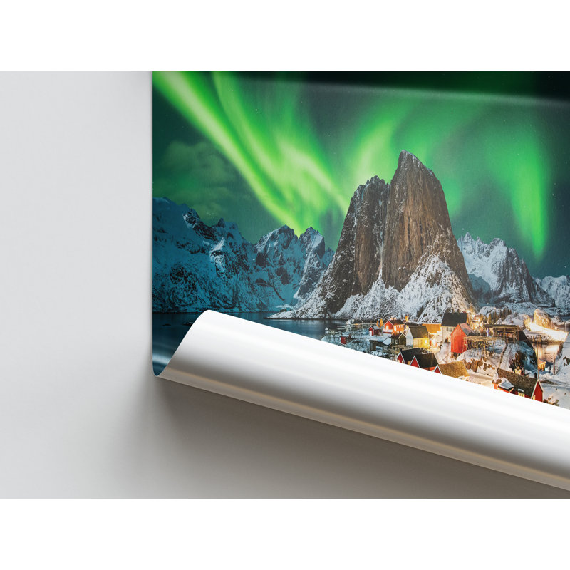 Northern Lights Landscape Canvas Art - Lofoten Inspired Decorative Wall Print Gift, Black Floater Framed, 20 cm H x 30 cm W