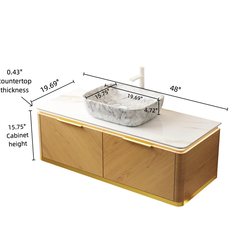 48" Bathroom Vanity: Pre - Assembled Floating Cabinet With Drawers, Soft Close Drawer Slides, Sensor , Ceramic Sink And Sintered Stone Top, Dark Vanity Storage Cabinet, Gold Handles, Auto Sensing Led