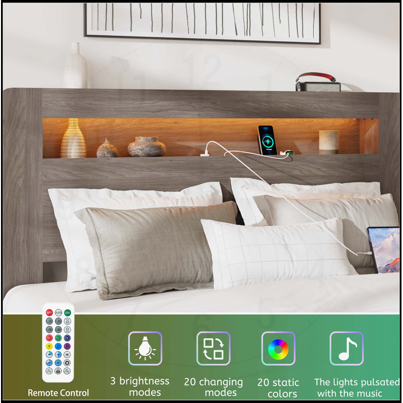 Structure de lit plateforme en bois pour grand lit avec tête de lit à DEL, rangement, ports USB, aucun sommier requis, assemblage facile, gris foncé