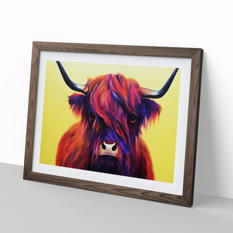 Colourful Highland Cow Vol.3 - Single Picture Frame Print, Walnut Framed, 46cm H x 64cm W x 2cm D