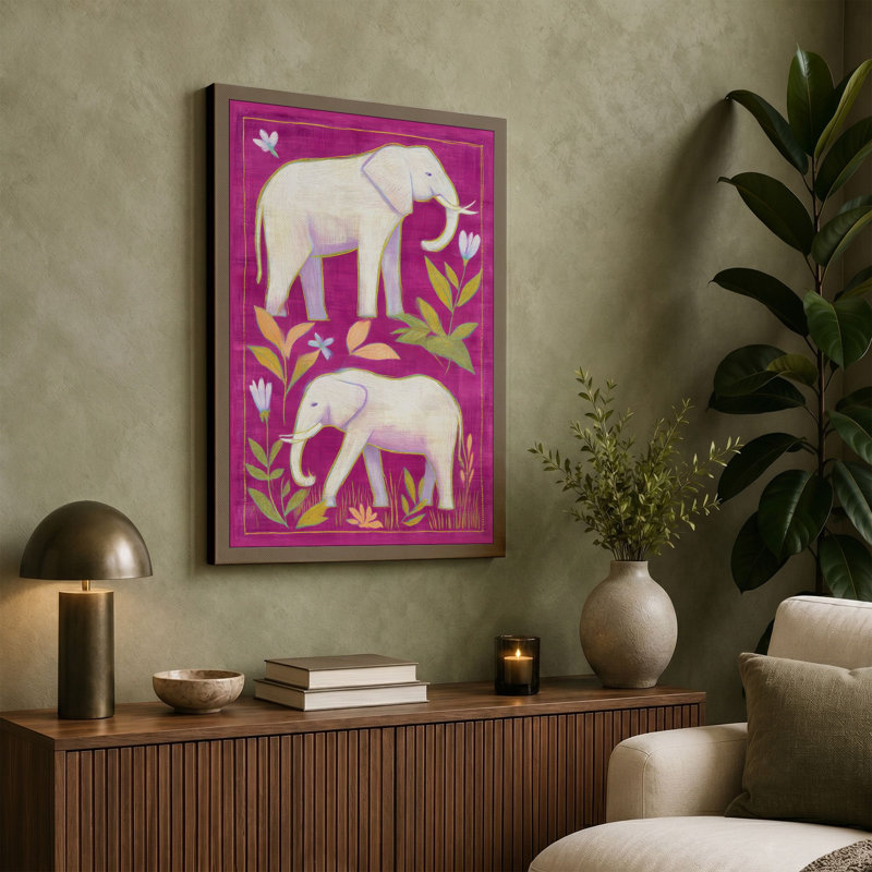 Symmetrical Elephants And Bloom Eclectic - Print, 24x16 - 61.0 x 40.6 cm, Sage Border