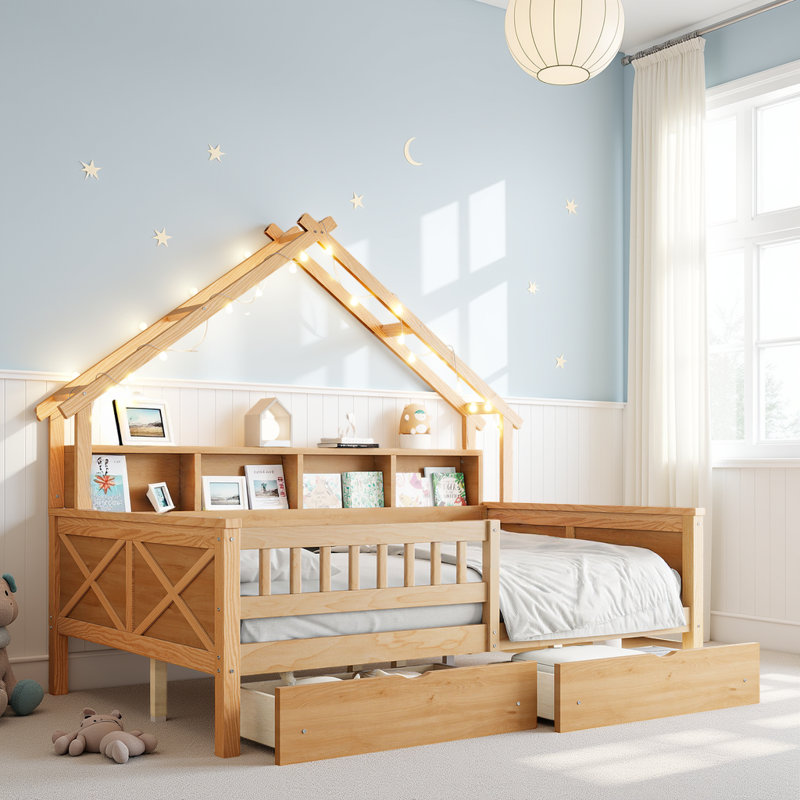 Guardrail Wooden House Bed With LED Light Strip and Storage Place, Brown