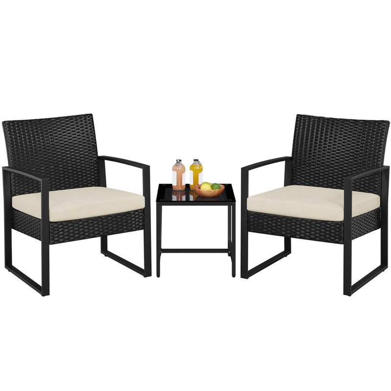 2 Seater Rattan Conversation Set, Black/Beige