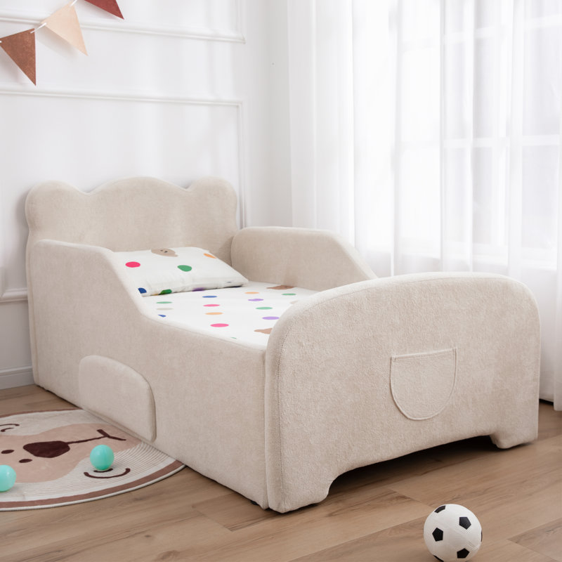 Toddler Floor Bed with Drawer and Storage Bag, Kids Bed for Girl and Boys, Standard Crib Size Portable Beds, Safety Upholstered Child Beds for 1-6 Years Old