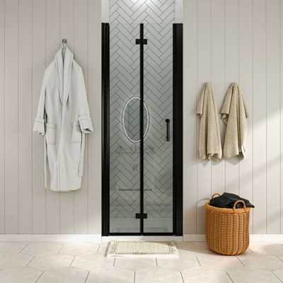 Portes de douche pliantes sans cadre de 32 po à 33-1 / 4 po x H 72 po en noir avec verre transparent