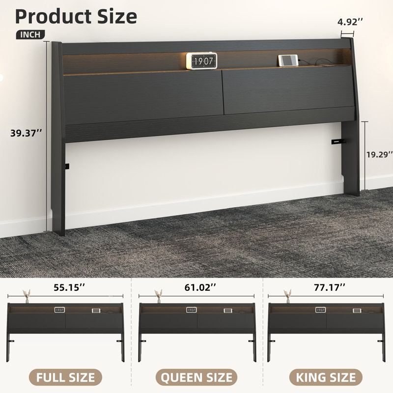 King Size Black Wood Headboard with RGB LED Lights, Hidden Storage & Built-in Charging Station, Modern Headboard for Bed with App & Remote Control