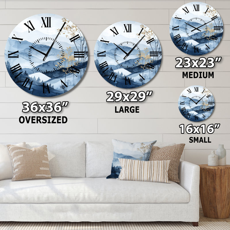 Horloge murale en métal représentant un paysage de montagnes bleues à l'horizon - Nature, Surdimensionné