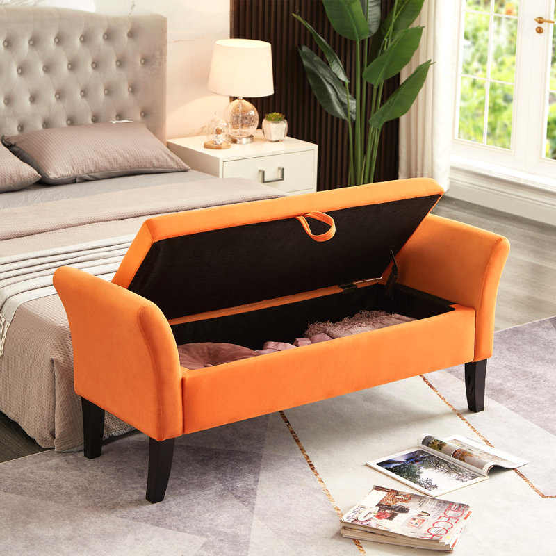 Velvet Upholstered Storage Bench with Tufted Seat & Curved Arms, Orange