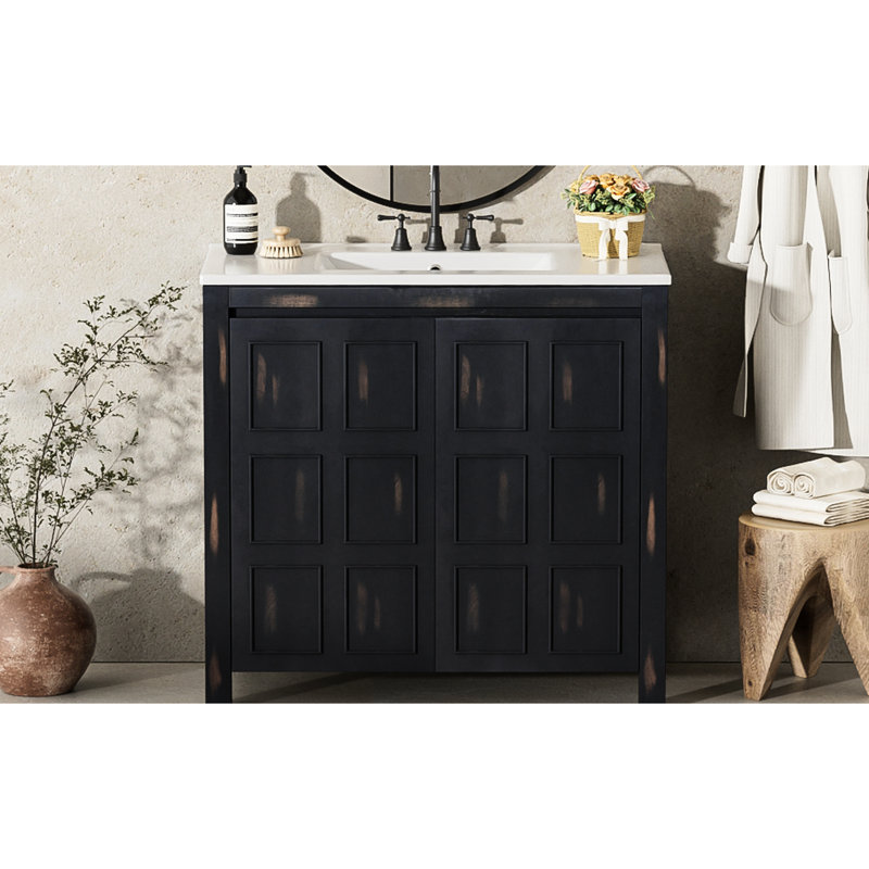 Organisateur de meuble-lavabo 36 po, lavabo en céramique, design rétro, armoire en bois massif, charnières à fermeture en douceur, organisateur de poignées dissimulées, cadre de style, portes, intérieur spacieux
