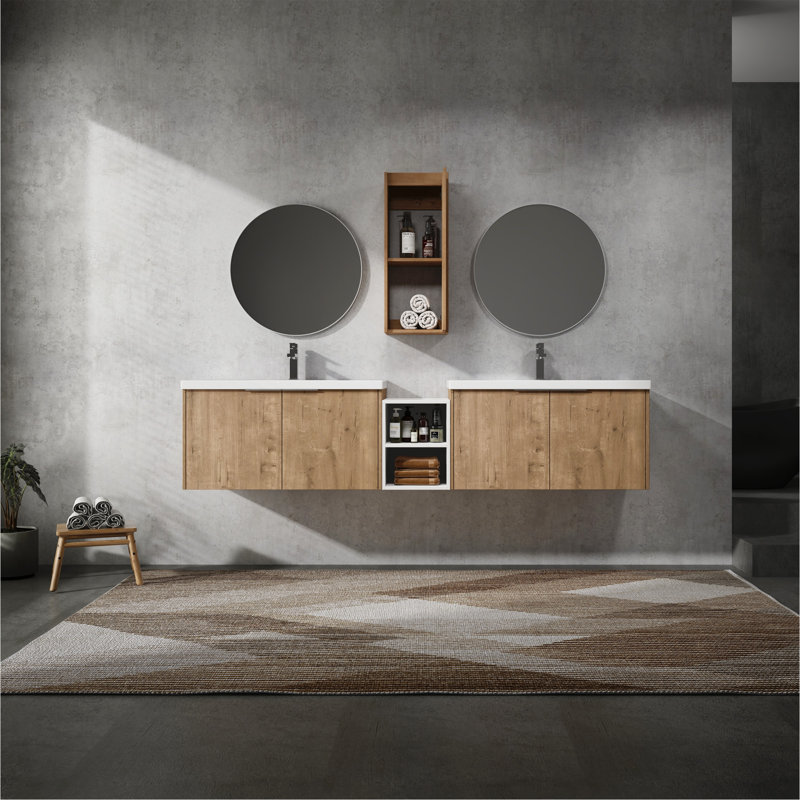 Meuble-lavabo mural de 84 po avec lavabo et armoire latérale de 84 po offrant beaucoup de rangement et une conception élégante.