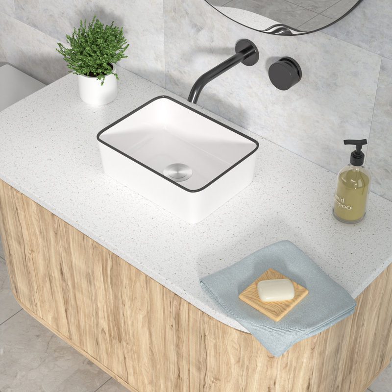 Lavabo de salle de bain vasque rectangulaire en céramique blanche avec garniture noire 16 po x 12 po - Meuble-lavabo moderne sur comptoir pour salle de bain contemporaine
