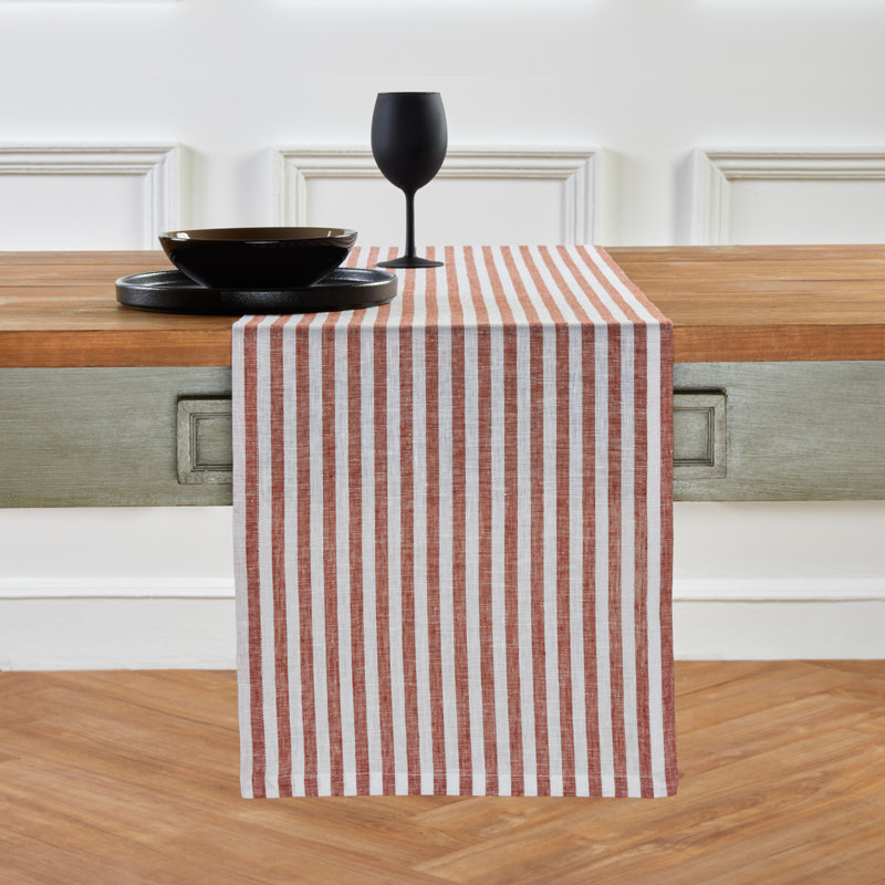 Amalfi Stripe - 100% Pure Linen Table Runner, Cinnamon/White, 108" x 14"