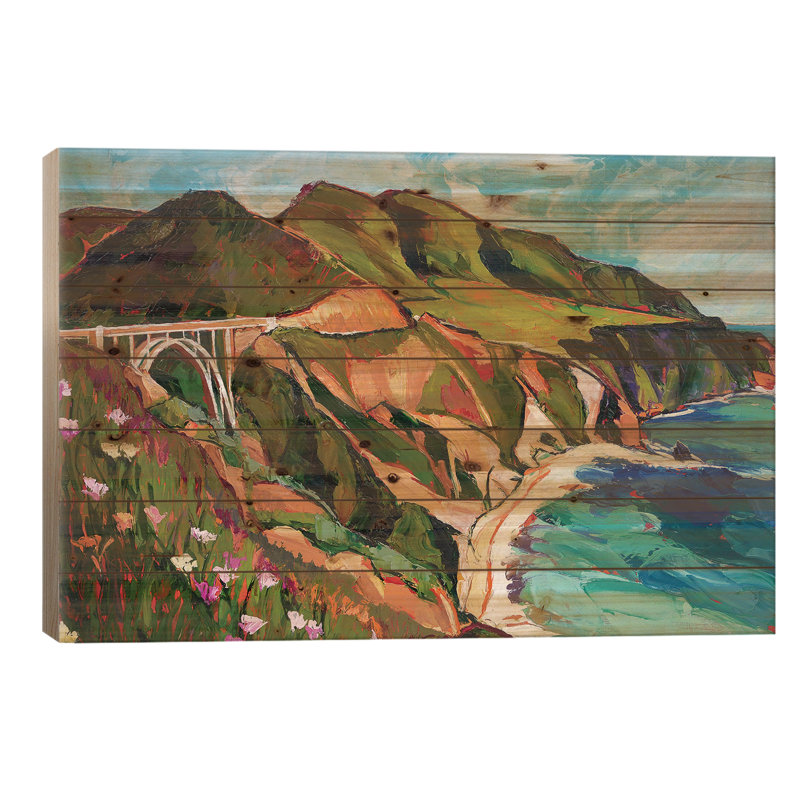 «California Coastline On Wood» par Maxine Shore, reproduction, H 26 po x l 40 po x P 1,5 po