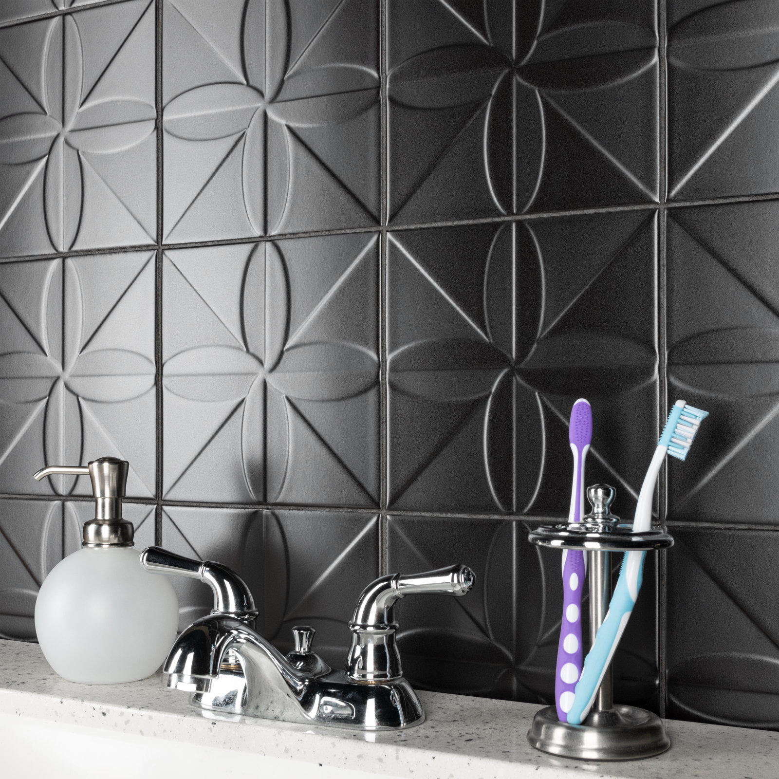 Triplex Series 8" x 8" Ceramic Patterned Wall Tile, Black